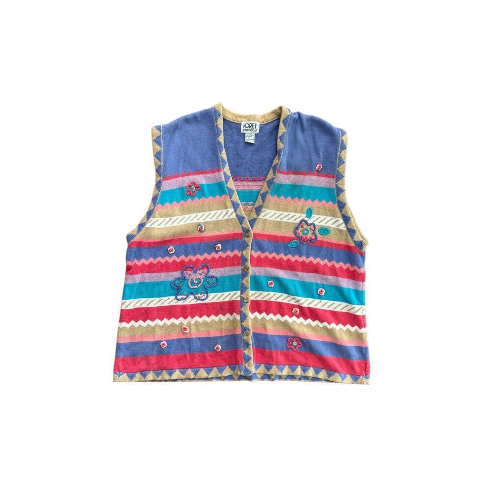 Vintage Koret Francisca Women's Floral Striped Embroidered Vest Sweater Size 2X
